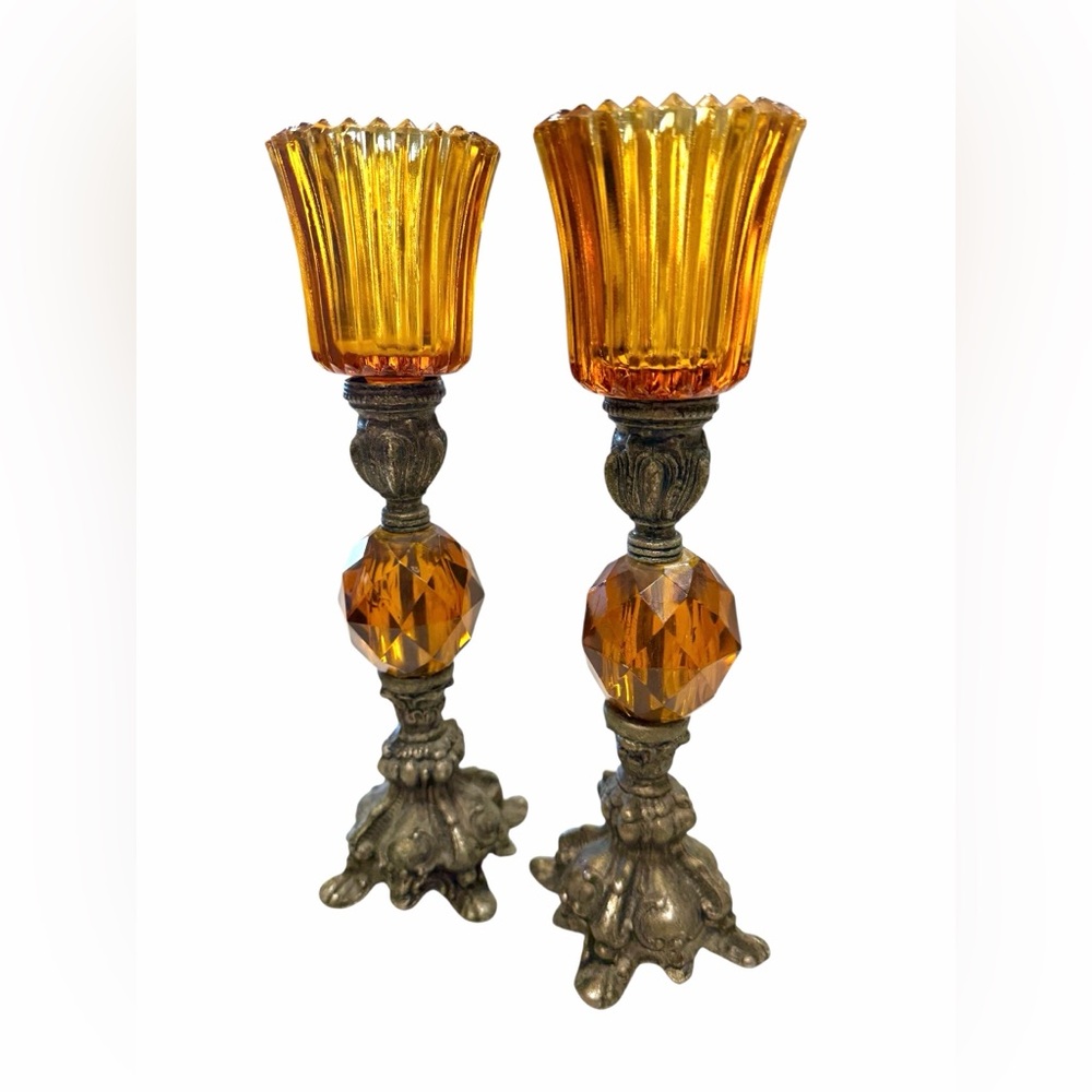 Vintage Pair Hollywood Regency Orange Lucite Cast Metal Candlesticks 11”